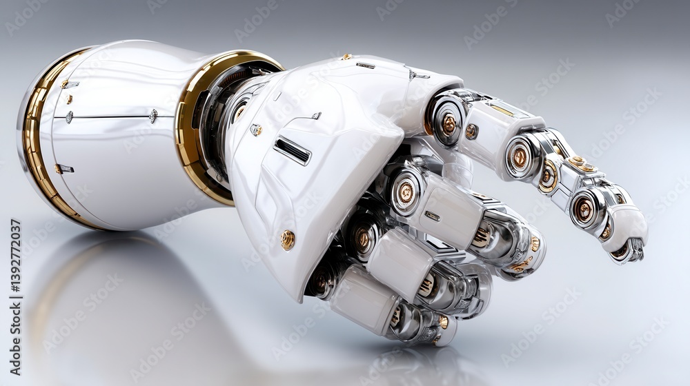 Poster close up of a robotic arm with metallic and white components, pointing towards something. the arm is