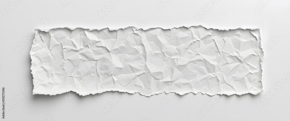 Poster crumpled paper texture, torn edge design. wrinkled white sheet backdrop. abstract paper surface. per