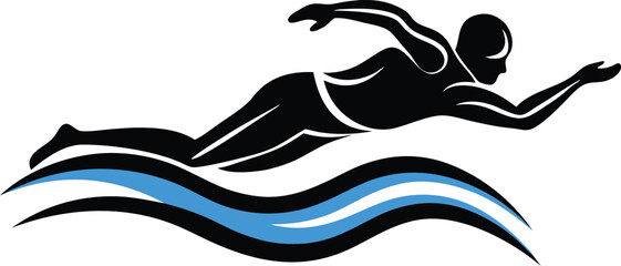 Stylized swimmer logo with wavy water lines. Minimalist silhouette in black and blue. Dynamic vector graphic for swimming sports.