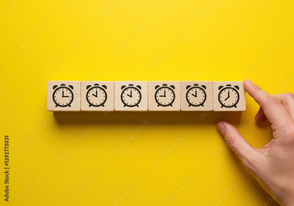 Poster a hand picking up a wooden block with a clock icon among others on yellow background symbolizing tim