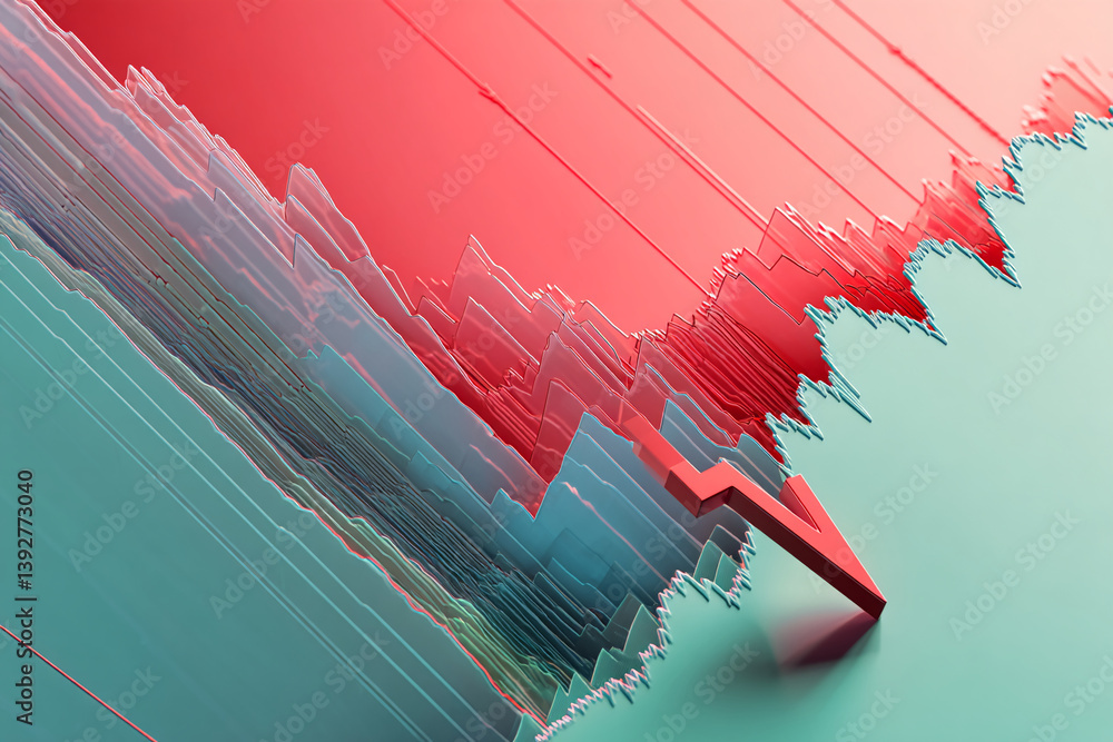 Poster abstract 3d rendering of red and teal layered chart showing a sharp decline, symbolized by a red arr