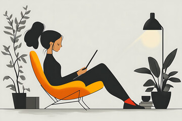 Minimalist side-view vector of a person sitting on a chair in a relaxed posture with clean lines and a modern interior flat design background.