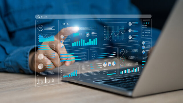 Data analysis concept, businessman using laptop to analyze business data and information management system, database for finance, strategy and planning, operations, marketing, digital technology.