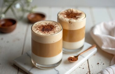 Dalgona coffee in glasses on white table. Whipped instant coffee with layers. New drink trend beverage with coffee, milk. Delicious, sweet refreshment dessert. Cafe menu. Summer vibes.