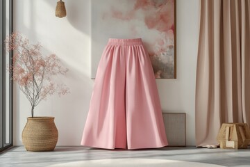 Pastel pink wide-leg linen pants mockup with pleated high waist design presented in sunlit modern interior with art and decor elements