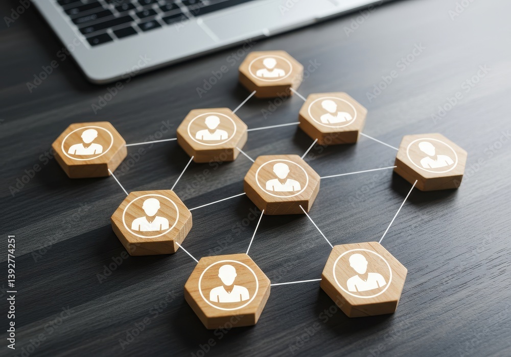 Poster hexagonal wooden tiles with human icons connected by lines symbolizing digital communication and net