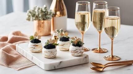Fototapeta premium Luxurious premium food served elegantly with champagne in stylish glasses creates perfect celebration atmosphere