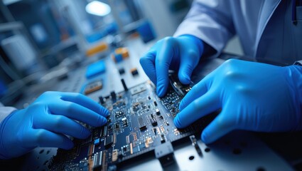 Technicians working precisely on an electronic circuit board in a high-tech laboratory environment.