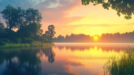 Obraz premium A peaceful nature scenery background featuring a calm lake at sunrise.