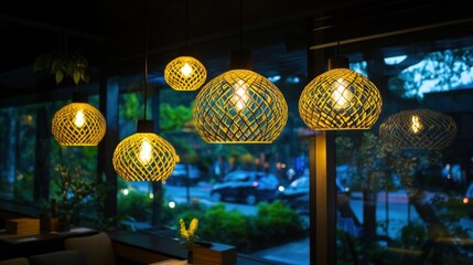 Obraz premium Illuminated rattan pendant lights create a warm and inviting ambiance