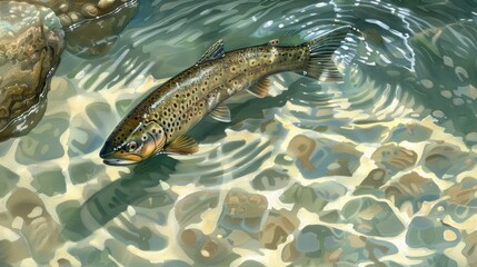 Obraz premium Brown trout swimming in clear shallow water over a rocky riverbed.