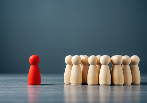 Red wooden figure isolated from group of natural figures on gray-blue background symbolizing social bias and discrimination