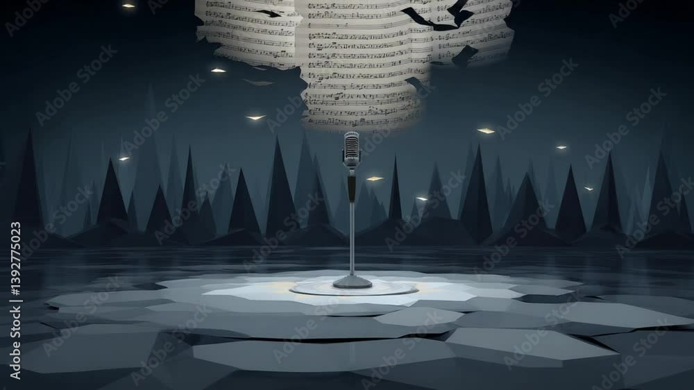 Poster music notes cascade around a vintage microphone in an ethereal setting generative ai