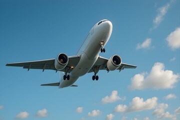 Obraz premium Airplane gliding through clear blue sky during afternoon with fluffy clouds in the background