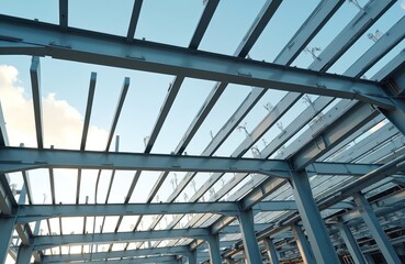 Obraz premium Steel frame construction of a commercial building against blue sky. Metal beams structural parts, building site, industrial architecture. Construction industry, civil engineering.