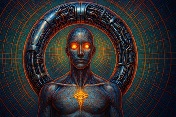 Obraz premium Surreal figure with glowing eyes and intricate patterns in a vibrant, futuristic space