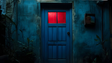 Elegant Blue Door with Red Window in Dark Room Interior Photography