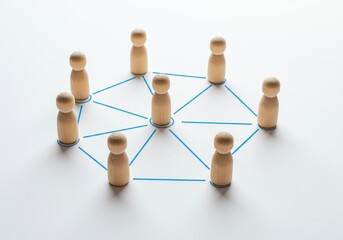 Fototapeta premium Wooden figures connected by blue lines in a circular star pattern on white background symbolizing teamwork and distributed systems