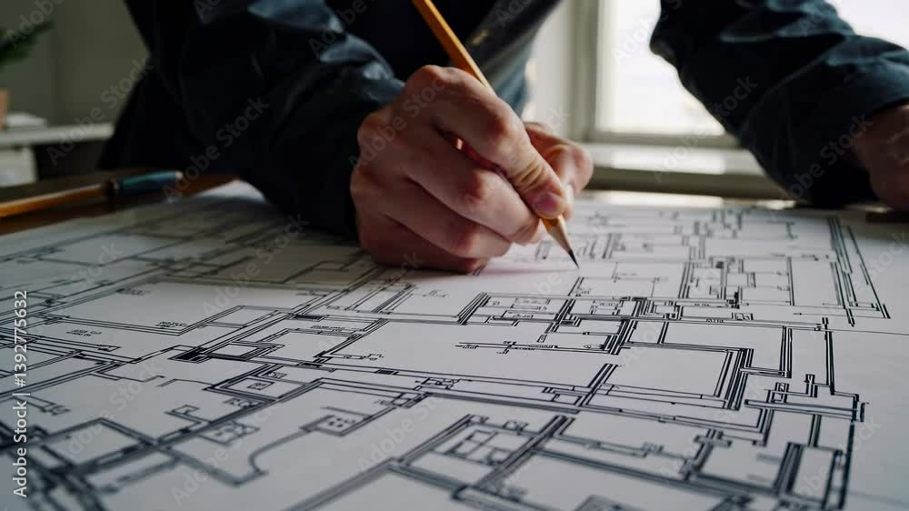 Poster architectural blueprint on a desk with drafting tools, captured from a low-angle. the video style em