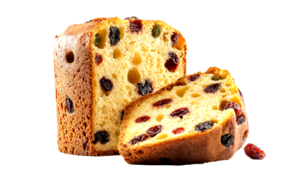 Delicious sliced panettone with colorful dried fruit pieces Isolate on Transparent Background, cutout, png