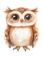 Obraz premium Charming owl with spread wings sits calmly against a white background showcasing its soft feathers and expressive eyes