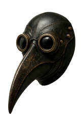 A vintage plague doctor mask made of darkened leather with a long beak and round glass lenses.