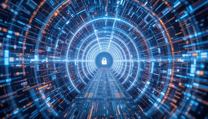 A digital tunnel filled with vibrant blue and orange lines, converging towards a central lock symbol, representing cybersecurity and data protection.