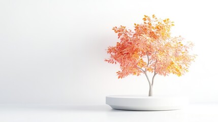 Obraz premium A vibrant bonsai tree with colorful autumn leaves displayed on a minimalist white circular platform, simple indoor setting, and artistic composition.