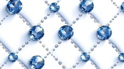 Seamless pattern of sapphire gems on white quilted fabric.