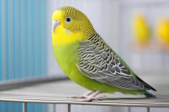 A parakeet hopping between colorful perches inside a birdcage