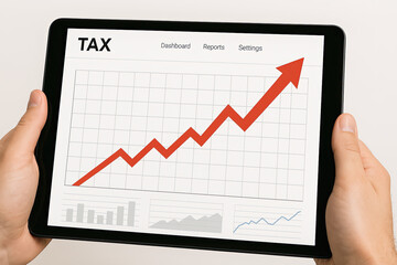A person holding a tablet displaying a graph with a rising trend labeled "TAX," indicating financial growth or analytics.