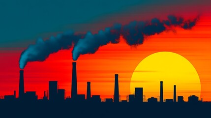 Obraz premium Sunset Over Industrial Cityscape: Pollution and Industry at Dusk