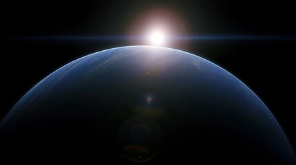 Obraz premium Giant planet with bright sun in sci-fi deep space scene, intense lighting on textured surface with high contrast.