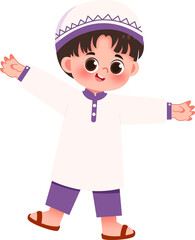 Joyful Young Boy in Traditional White and Purple Clothing