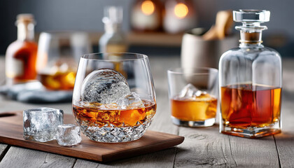 premium food experience is enhanced by glass of whiskey served with ice in cozy setting