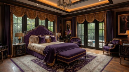 Exquisite Bedroom Interior with Luxurious Purple Accents and Rich Wood Paneling