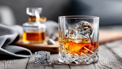 premium food experience is enhanced by glass of whiskey featuring ice and stylish decanter