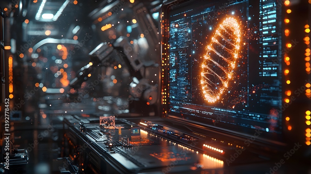 Poster futuristic laboratory with glowing holographic screens displaying dna structures and robotic arms as