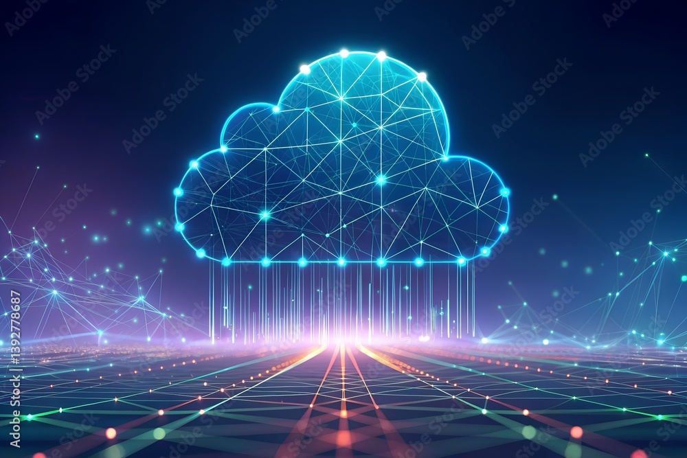 Poster futuristic data cloud hovering above digital lands futuristic digital cloud surrounded by interconne