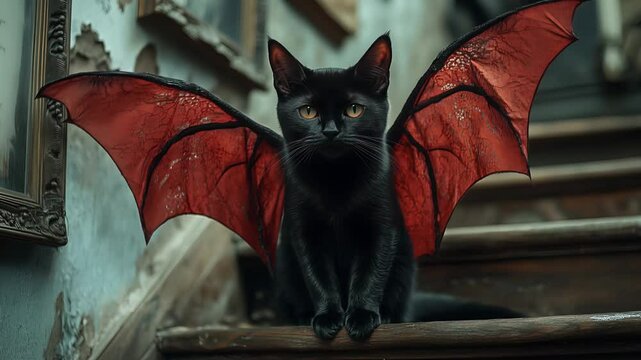 A black cat with striking red bat wings perches on a staircase, surrounded by an eerie ambiance