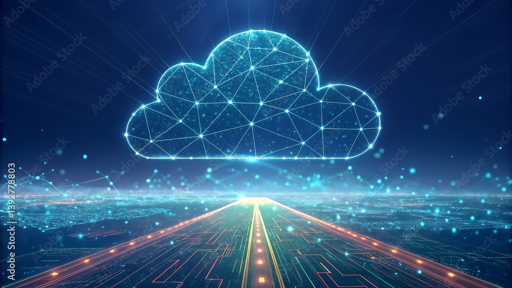Poster futuristic data cloud hovering above digital lands digital cloud with a network design over a futuri