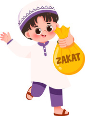 Joyful Young Boy Carrying Zakat Donation Bag