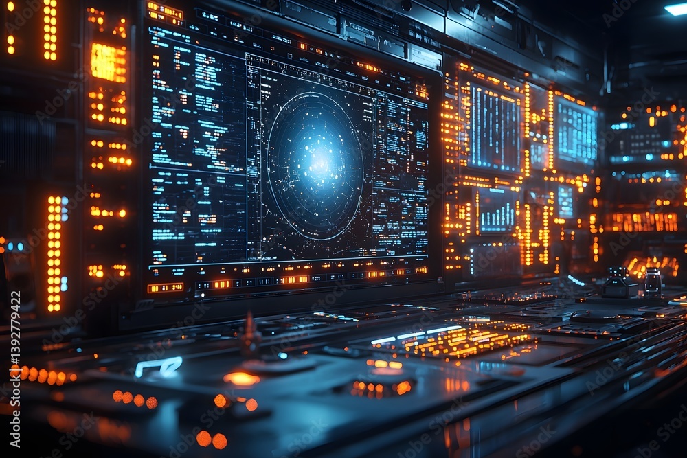 Poster holographic workstation in a futuristic sci fi lab displaying planetary maps and asteroid trajectori