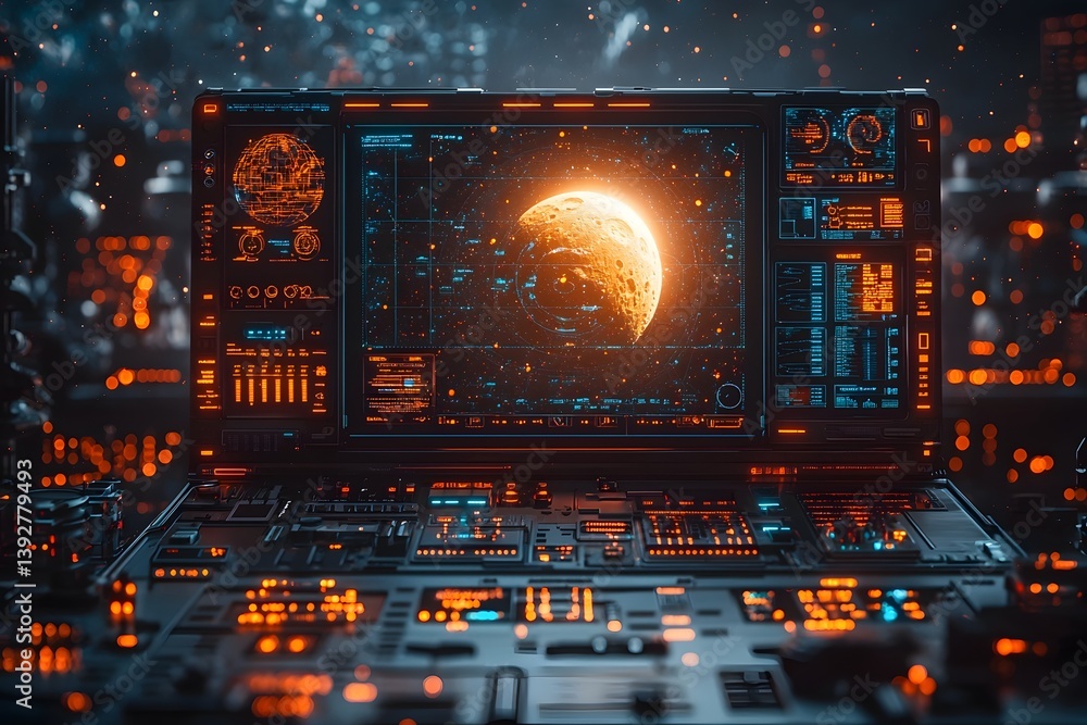 Poster holographic workstation in a futuristic sci fi laboratory displaying planetary data and asteroid tra