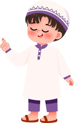 Serene Young Boy in Traditional Clothing, Pointing Upward