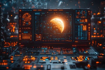 Obraz premium Holographic workstation in a futuristic sci fi laboratory displaying planetary data and asteroid trajectories