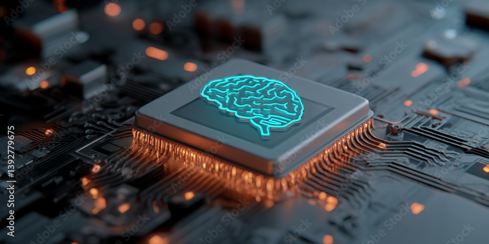 Poster close-up of a circuit board with a central processor featuring a glowing brain icon, symbolizing art