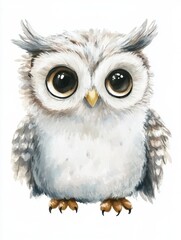 Naklejka premium Cute owl with wings spread sitting calmly against white background showcasing soft feathers and detailed eyes