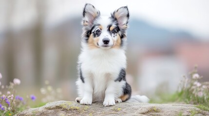 Obraz premium Miniature Aussie Puppy on Rock, Soft Focus, Natural Light, Portrait Close-up, Adorable Fur Pattern, Sitting Calmly, Floral Meadow, Soft Pastel Hues, Pet Adoption Ads