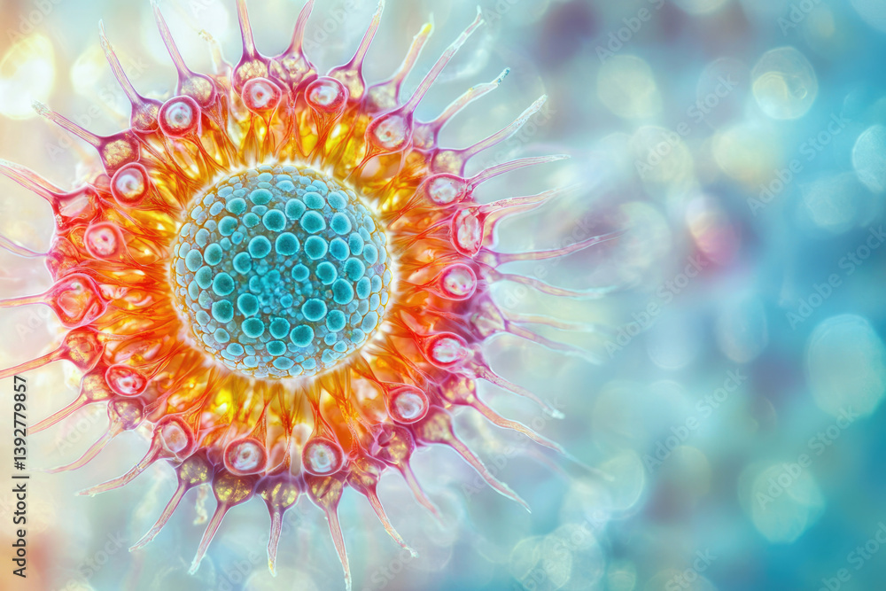 Poster microscopic image showing a complex, colorful structure with a central sphere and radiating spikes a